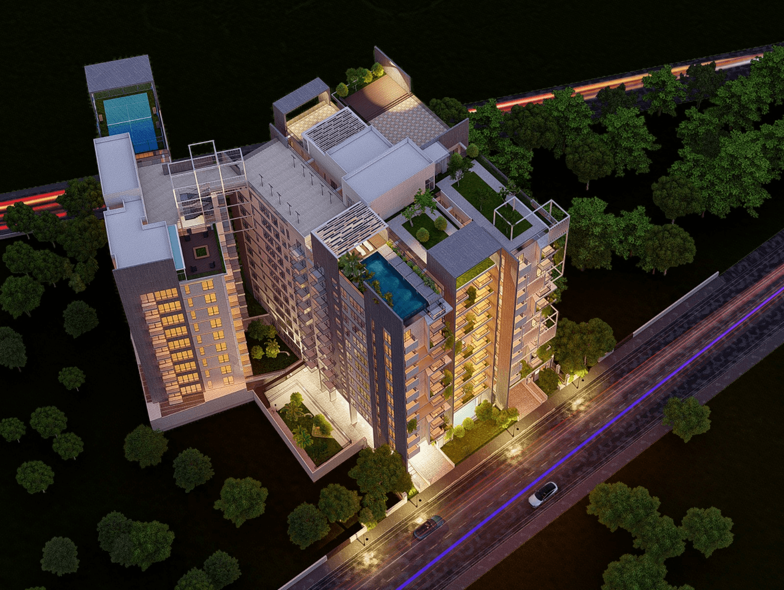 Aerial view of a luxury residential property with pool and gardens